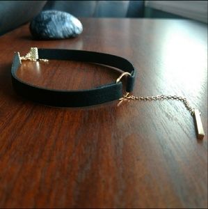 Black Choker With Gold Ring and Bar Pendant